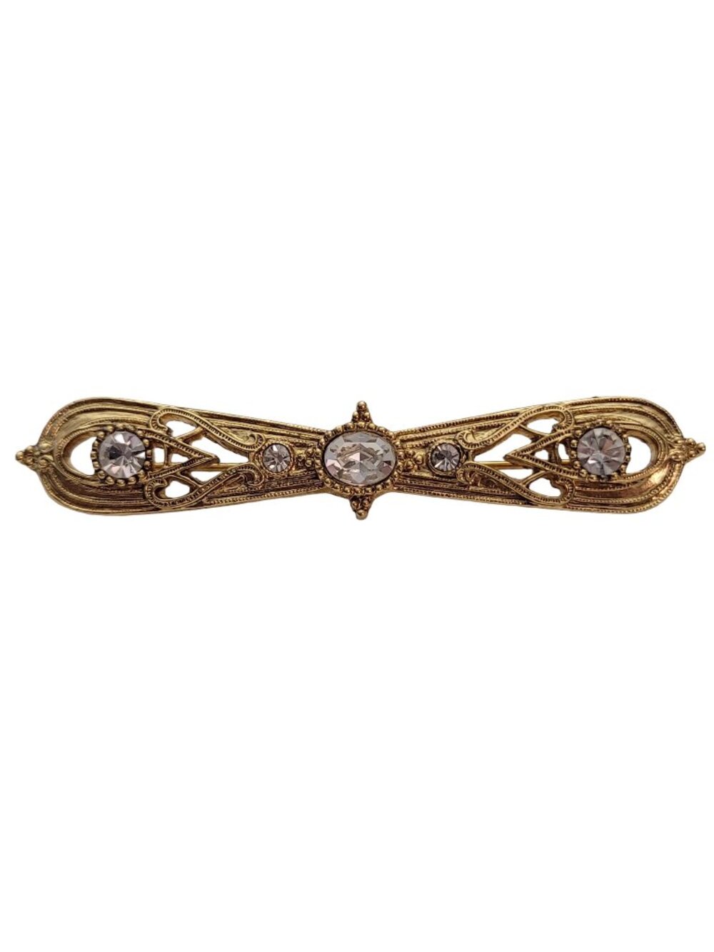 1928 Brand Gold Tone Clear Rhinestone Bar Brooch Pin E883